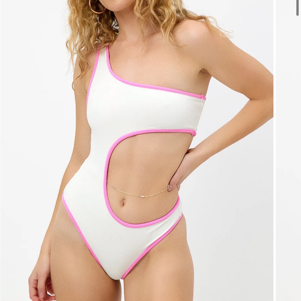 Frankie's Bikinis White and Pink One-Shoulder Swimsuit